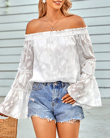 Off The Shoulder Tops Floral Print Casual Loose Chiffon Bell Sleeve Blouse Shirts