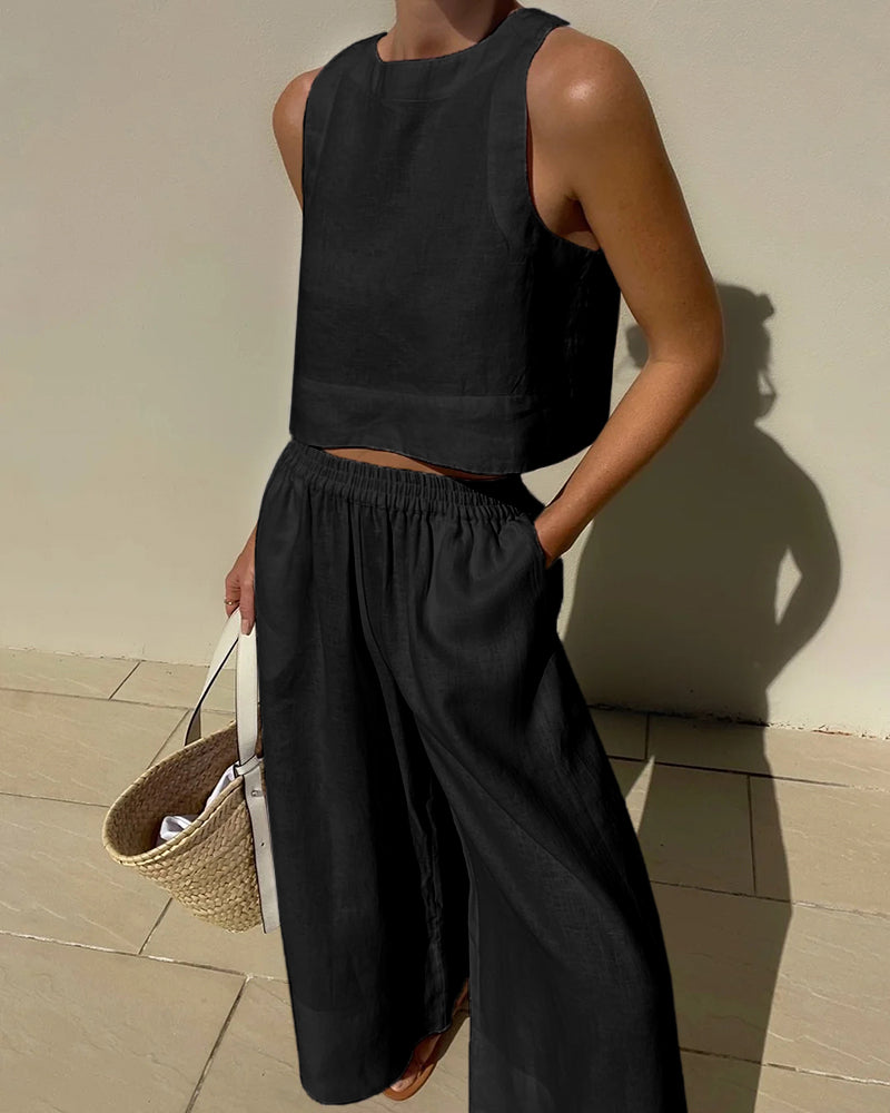 ☆関税込☆WOOALONG★Signature sleeveless set-up wide pants★ DHgate.com:Versatile Two-Piece Set: Sleeveless Shirt and