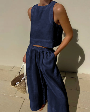 Two Piece Outfits Sleeveless Crop Tops Wide Leg Pants Set