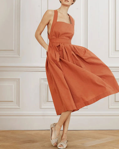 Solid Color Sleeveless Backless Midi Dress
