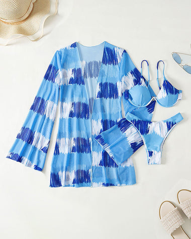 3Pcs Sets Dye Tie Printed Cover Ups Cardigan Bikinis Swimsuit