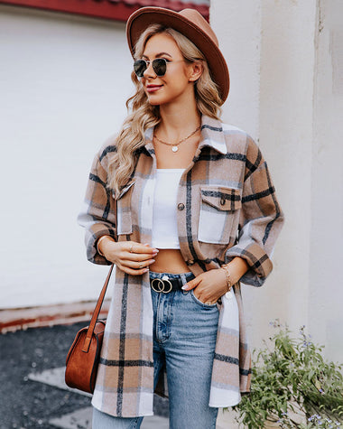 Flannel Shacket Jacket Plaid Lapel Button Down Long Sleeve Oversized Shirts with Pocket