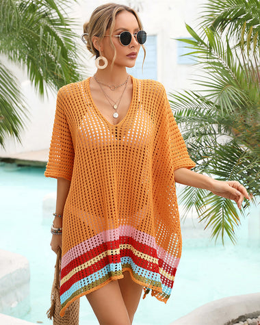 Hollow Out Beach Swimsuit Coverups Oversized Short Sleeve V Neck Loose Knit Bikini Cover Up