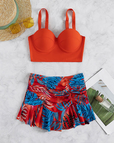 Tropical Print Push Up Ruched Bikini Swimsuit