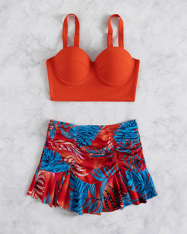 Tropical Print Push Up Ruched Bikini Swimsuit