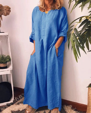 Long Sleeve Solid Color Plus Size Loose Fit Maxi Cotton Linen Dress Ro ZEAGOO Long Sleeve Solid Color Plus Size Loose Fit Maxi Cotton Linen Dress Ro ZEAGOO