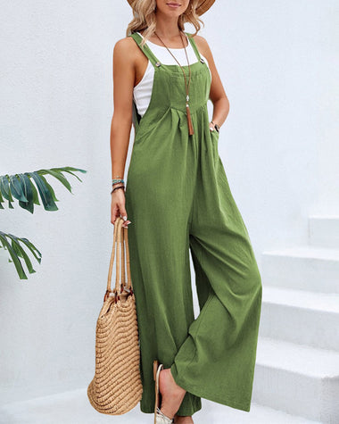 Solid Color Sleeveless Sling Pocket Wide Leg Side Button Plus Size Jumpsuits