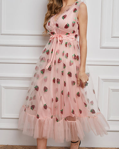 strawberry mesh dress Sparkly Sequin Strawberry Midi Dress Ruffle Mesh Tulle Ball Gown