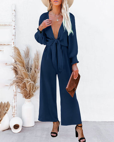 Wide Leg Casual Long Sleeve Solid Color Bowknot V Neck Jumpsuit