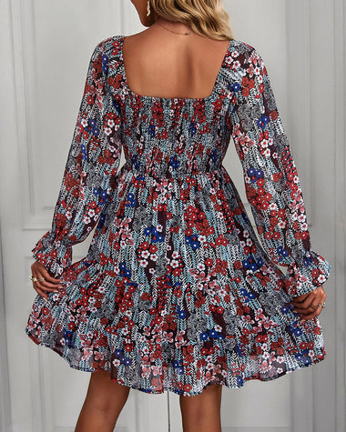 Ribbed Long Sleeve Chiffon Dress Crewneck Elegant Batwing Bohemian Floral Printed Dress