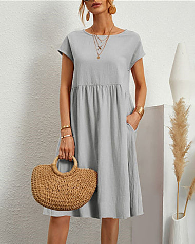 Round Neck Short Sleeve High Waist Dresses Solid Color Casual Holiday Beach Party Sundress