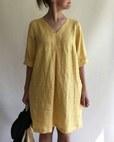 Casual Loose Short Sleeve V-Neck Cotton Linen Dress