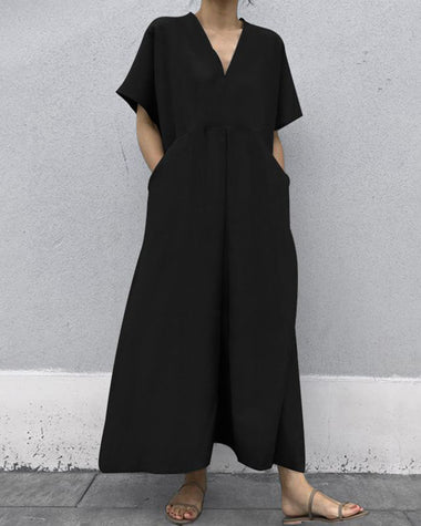 Solid Color V-neck Large Pocket Short-sleeved Linen Maxi Dress