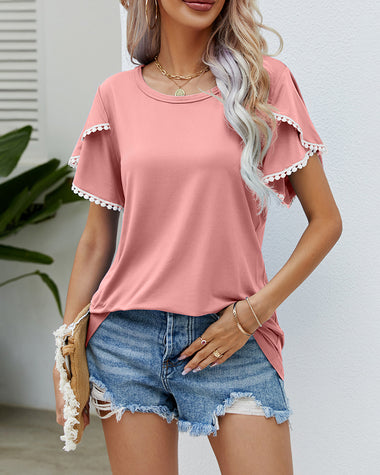 Pom-Pom Trim Flutter Sleeve Round Neck Tee Casual Blouses Tops