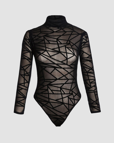Long Sleeved Casual Mesh Mesh Top See Through Round Neck Slim Fit Bodysuits