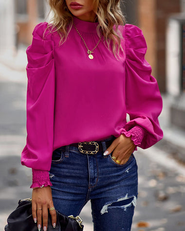 Casual Fold Bubble Cuff Bow Lace Round Neck Shirt Top