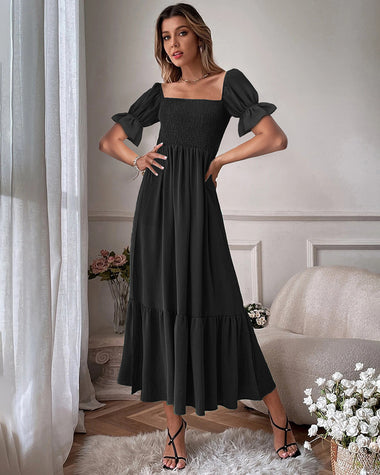 Ruffle Puff Sleeve Smocked Dress Square Neck Long Sleeve High Waist Fl ZEAGOO Ruffle Puff Sleeve Smocked Dress Square Neck Long Sleeve High Waist Fl ZEAGOO