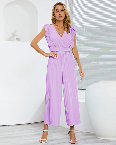 Casual Loose Jumpsuit V Neck Sleeveless Solid Ruffle Pleated Wide-leg Long Playsuit with Belt