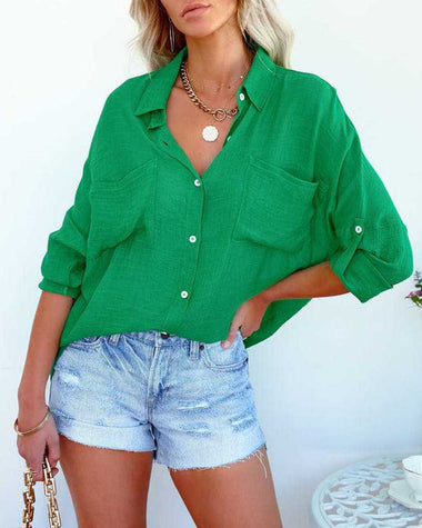 Solid Color V Neck Long Sleeve Button Down Blouse with Pockets