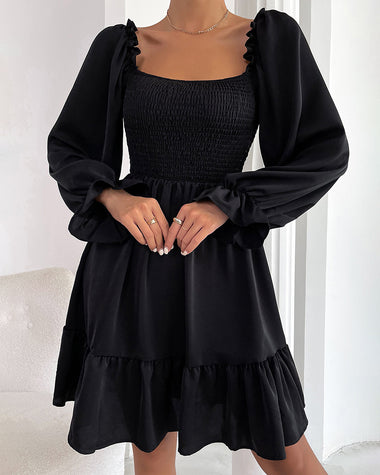 Square Neck Long Sleeve Shirred Ruffle Hem Dresses High Waist A Line Knee Length Elegant Mini Dress
