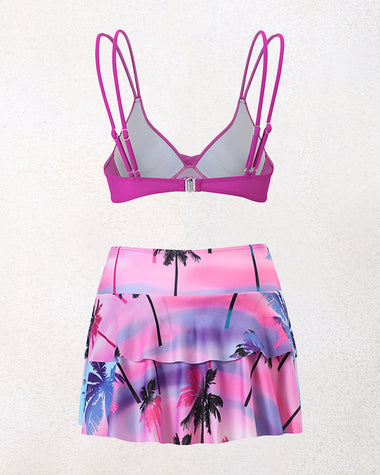 Split High-waisted Lotus Leaf Edge Printing Bikini Swimsuit