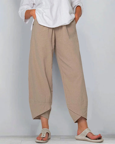 Solid Patchwork Irregular Loose Casual Pants Pocket Elastic Waist Casual Trousers