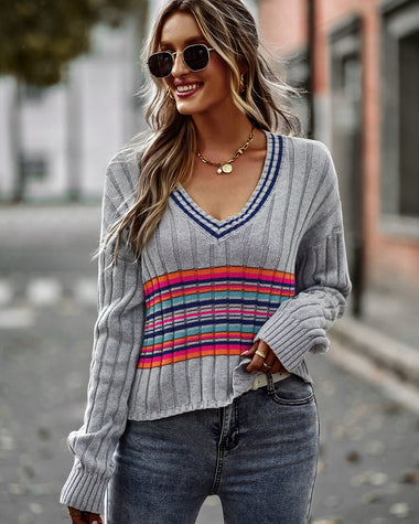 Striped Contrast V-Neck Dropped Shoulder Sweater