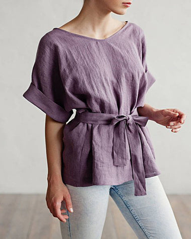Zeagoo Tie Belt Loose Tunic Blouse Casual Half Sleeve Kimono V-Neck Linen Top