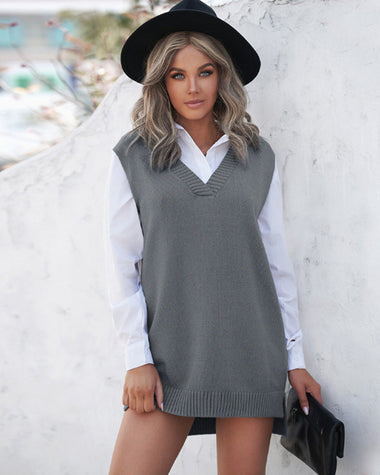 Solid Color Loose V-neck Sleeveless Vest Sweater Dresses
