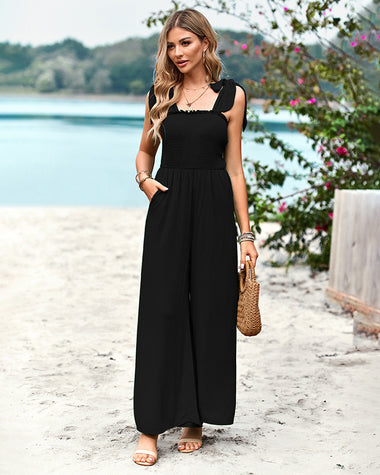 Sleeveless Lace-up Smocked Jumpsuits Solid Loose fit Wide Leg High Wasit Romper