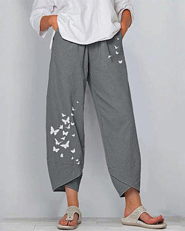 Pocket Printed Linen Loose Pants Elastic Casual Wide-Leg Cropped Pants