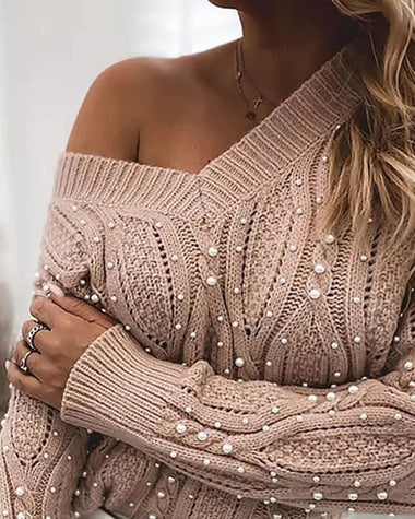 Sexy Twist V-neck Beads Long-sleeved Knit Sweater
