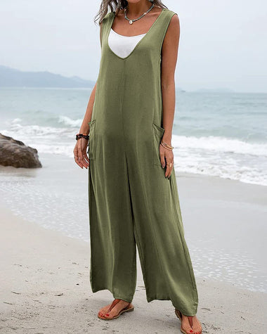 Wide Leg Jumpsuit Sleeveless V-Neck Casual Loose Jumpsuit Comfy Baggy Tank Romper with Pockets