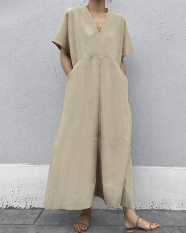 Solid Color V-neck Large Pocket Short-sleeved Linen Maxi Dress