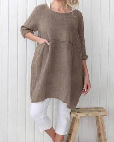 Zeagoo Cotton and Linen- Mid-Sleeve Plus Size Blouse Mini Dress