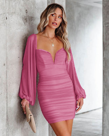 Sexy V-neck Mesh Puff Sleeves Backless Dress
