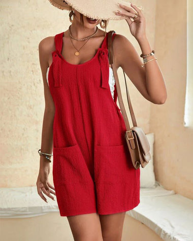 Knot Front Pocket Patched Overall Shorts Romper Without Tube Top Jumpsuits
