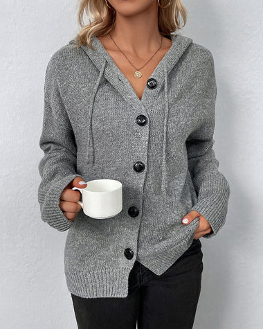 Drawstring Detail Button Front Hooded Cardigan