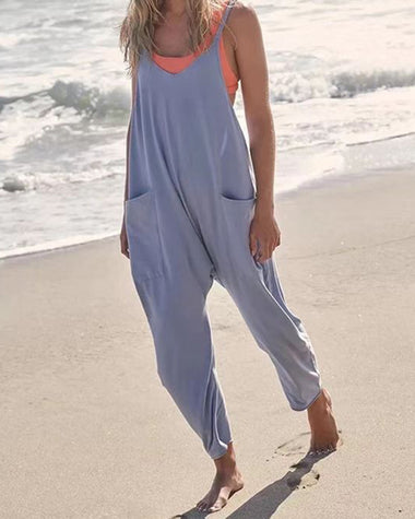 Loose V Neck Harem Jumpsuits Sleeveless Spaghetti Strap Baggy Overalls with Pocket