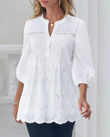 Lace Crochet V Neck Half Sleeve Embroidery Button Down Blouses Casual Shirts
