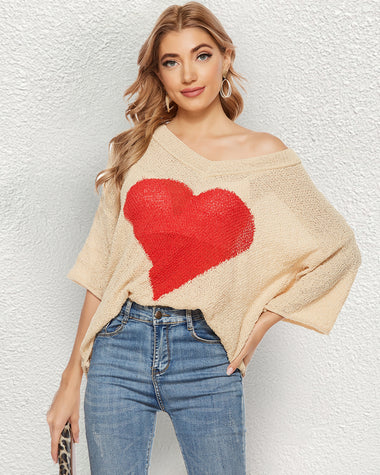 V Neck Crochet Sweater Off Shoulder 3/4 Sleeves Loose Knit Cute Heart Pullover Top