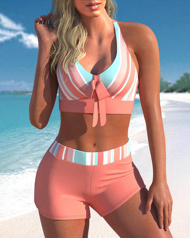 High Cut Bikini Sets Swimsuits with Short 2 Piece Swimwear Color Block Bathing Suits