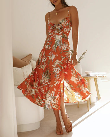 Spaghetti Strap Midi Dresses Sexy Deep V Neck Backless Floral Print Side Slit Maxi Dress