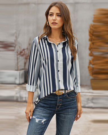 Long Sleeve Button Down Shirt Stripe Print Turndown Cardigan Business Shirt Regular-Fit Shirt