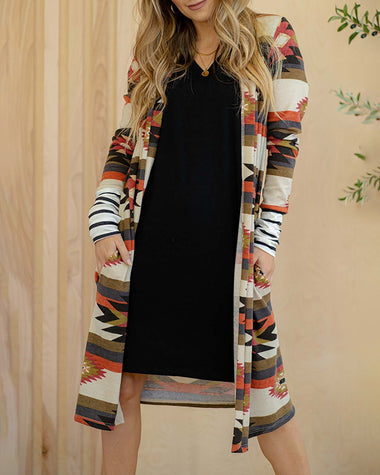 Striped Mid-Length Contrasting Color Knit Cardigan Jacket