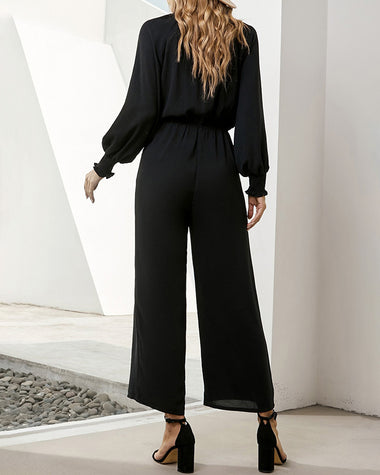 Wide Leg Casual Long Sleeve Solid Color Bowknot V Neck Jumpsuit