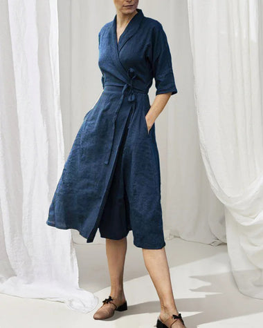 Mid-sleeve Tie Lapel Large Swing Dress Solid Color Casual Dress