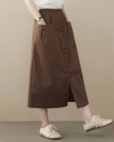 Casual High Waist Flared A-line Skirt Pleated Midi Skirt with Pocket