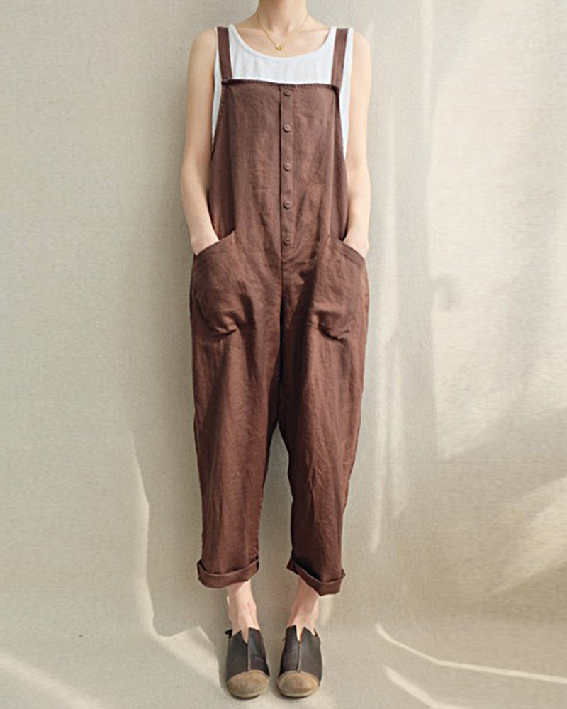 Zodggu Women's Linen Cotton Solid Color Sleeveless Pocket Summer