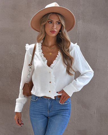 Lace Lace Long-sleeved Shirt V-neck Blouse Top